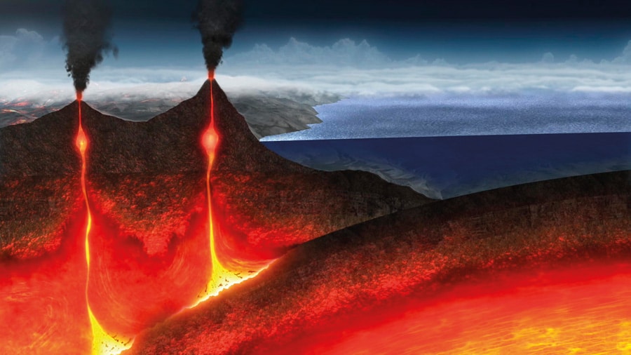 Hadean Eon中地球图像两火山喷发,双切显示内部岩浆源