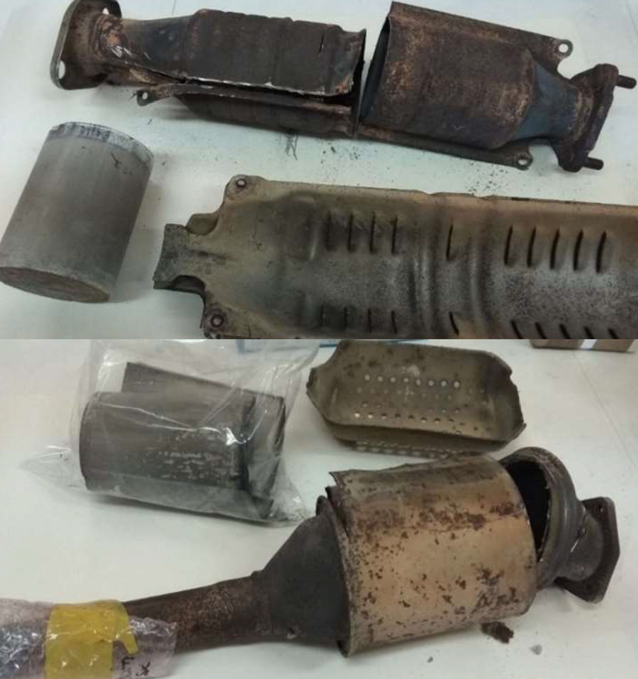 两种催化转换器显示在不同分解状态中,显示白金类金属的使用