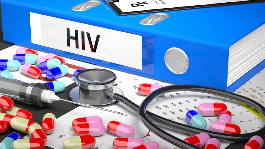 蓝文件夹背面写HIV,前端有针头、听波器和多色药片