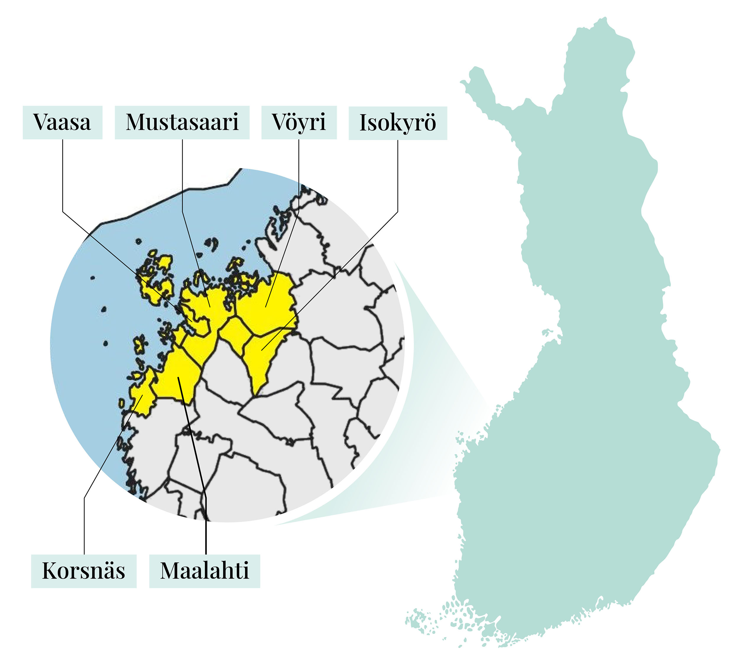 绿地图与初步废物管理协作区ASJ并发圆显示Vaasa、Mustasaari、Voyri、Isokyro、Korsnas和Maalahti